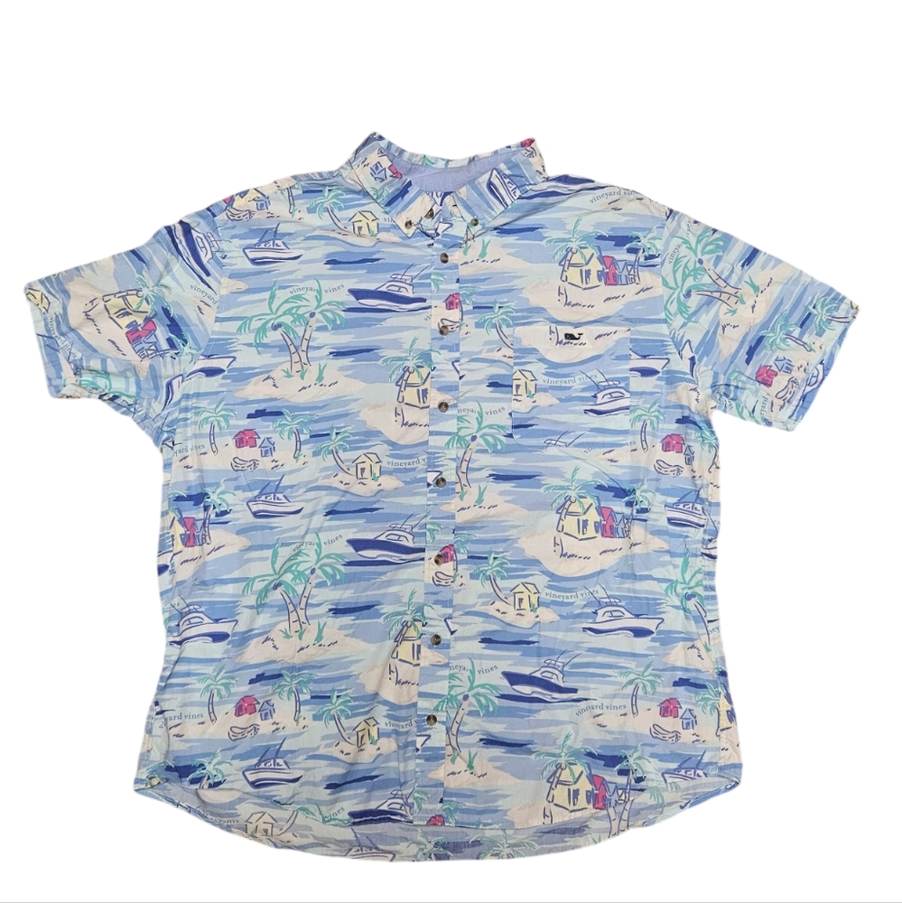 Vineyard Vines Hawaiian Button Down Shirt Men Size XXL Palm Trees, Boats, Island